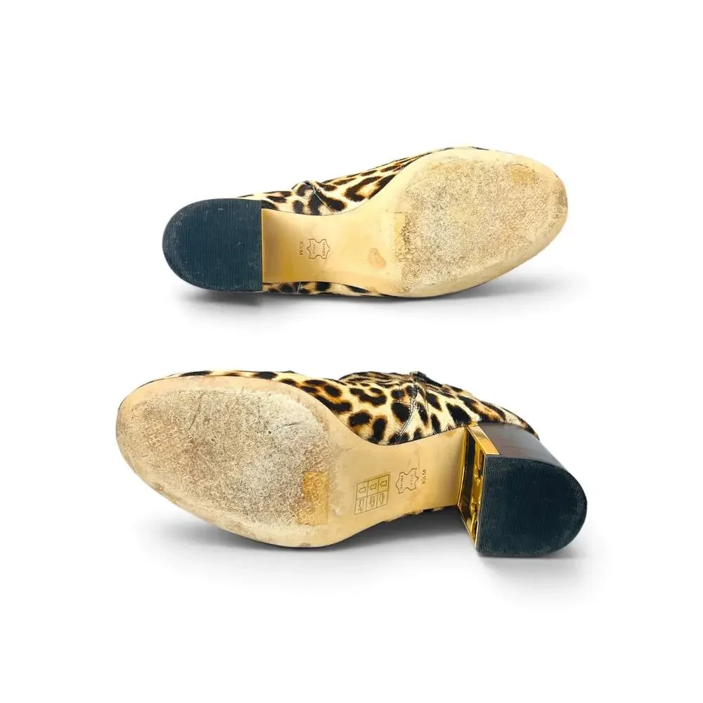 Tory Burch Gigi Leopard Pony Hair Ankle Booties Gold Logo Block Heel Size 8.5
